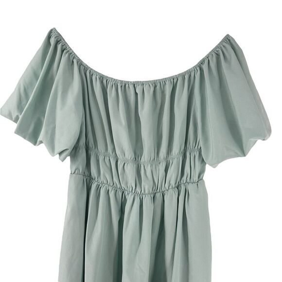 Puff Sleeve Mini Dress A Line Off The Shoulder Green Womens Size L Merokeety - Picture 2 of 8